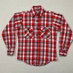 1980&#39;s, cotton, flannel, button up, collar shirt in red, white, blue, black and beige plaid by Five Brother