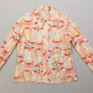 1970&#39;s, nylon, long collar, button up shirt, in white, peach, orange and green, suspension bridge print