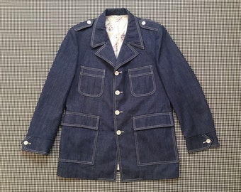 1970's, denim jacket, with American Revolution print lining, by Baskin, Men's size 42 Reg
