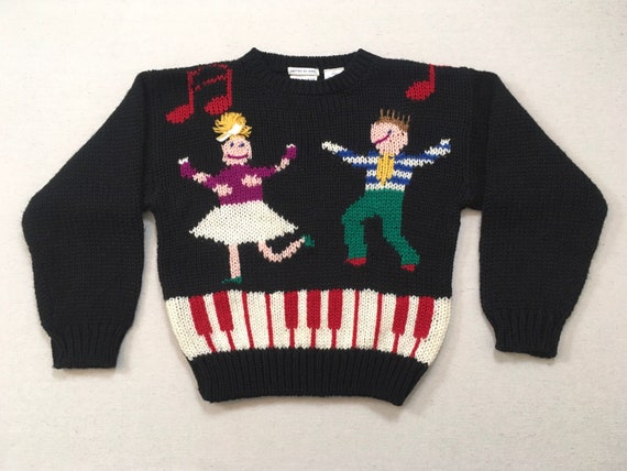 1990's, sweater, in black, with colorful, dancing… - image 1