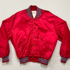 1980&#39;s, satin, chain stitch &quot;Tri-Chevy Association&quot; jacket in red with blue and white