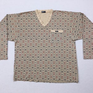 1990&#39;s, cotton, long sleeve, V-neck, pocket tee, in beige, with gray and burgundy, design