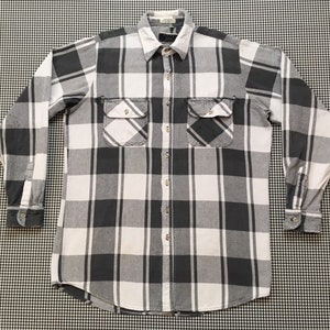1990's, thick, cotton flannel, button up, collar shirt, in gray and white plaid, Men's size Large-Tall