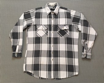 1990's, thick, cotton flannel, button up, collar shirt, in gray and white plaid, Men's size Large-Tall