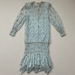 1980&#39;s, rayon, lace dress in pale blue with iridescent sequins and silver beads