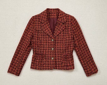 1970's, blazer in eggplant, brown and burnt orange, plaid with fancy, rhinestone buttons