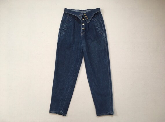 1980's, high rise, fold waist, pleated front, but