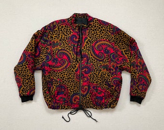 1990's, quilted, bomber jacket in brown, black, purple, teal and fuchsia cheetah and paisley print