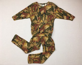 1980, Strick Jersey Top und Hose in erdigen, abstrakten Print, Frauen Größe Medium