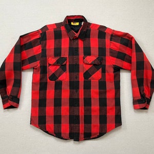 1980&#39;s, quilted, nylon lined, flannel, shirt jacket in red and black buffalo plaid