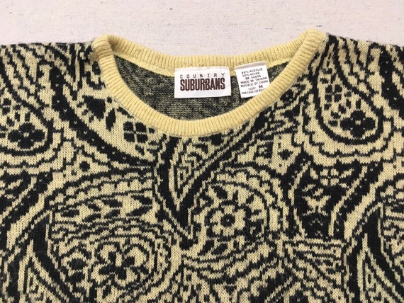 1980's, sweater in pale yellow and black, paisley… - image 2