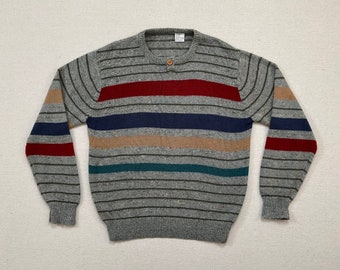 1980's, button neck sweater in gray with garnet, blue, beige-yellow and turquoise stripes