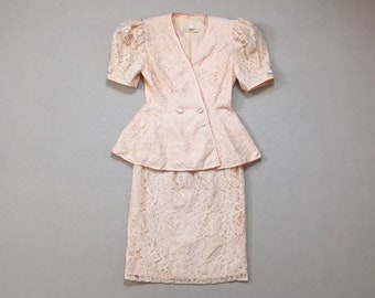 1980's, short sleeve, peplum blazer, and pencil skirt, set, in peach lace