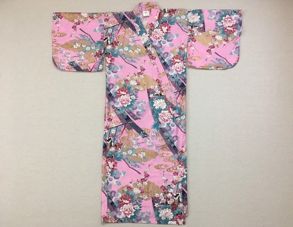 1980's, cotton kimono, in pink, with lavender, aq… - image 1