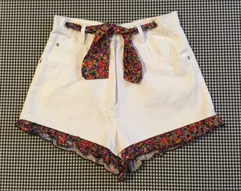 1990&#39;s, white denim, shorts, with floral waist tie, and ruffle cuffs, Women&#39;s size Medium/Large