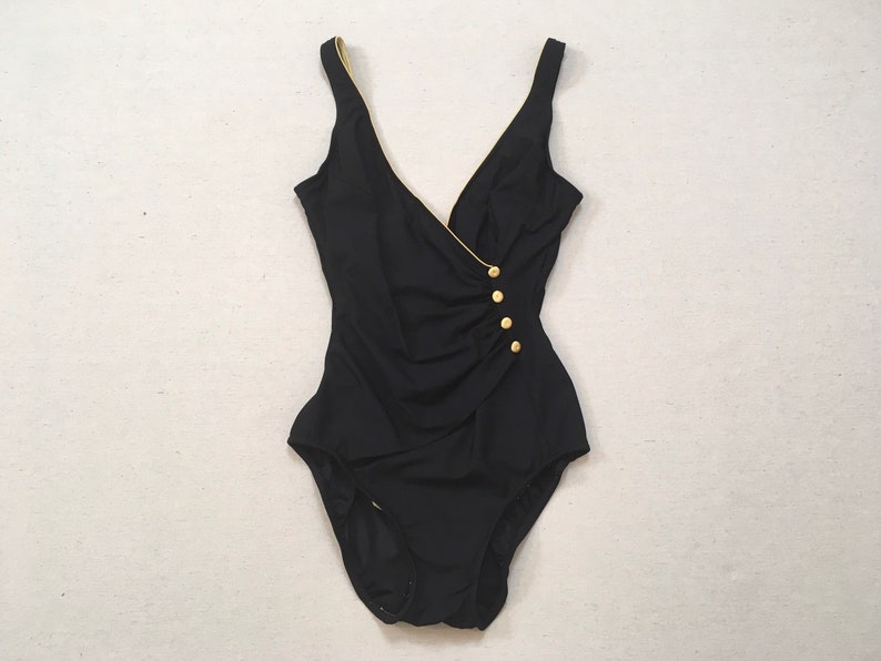 1980's Pleated Cross Panel Low Cut Swimsuit in Black - Etsy