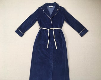 1970's, velvet, cross tie, maxi robe, in dark blue, by Saybury