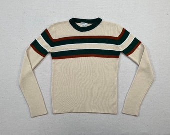 1970's, ribknit sweater in cream with green and rust stripes