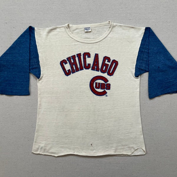 1980's, 3/4 sleeve, Chicago Cubs, tee in white with blue and red