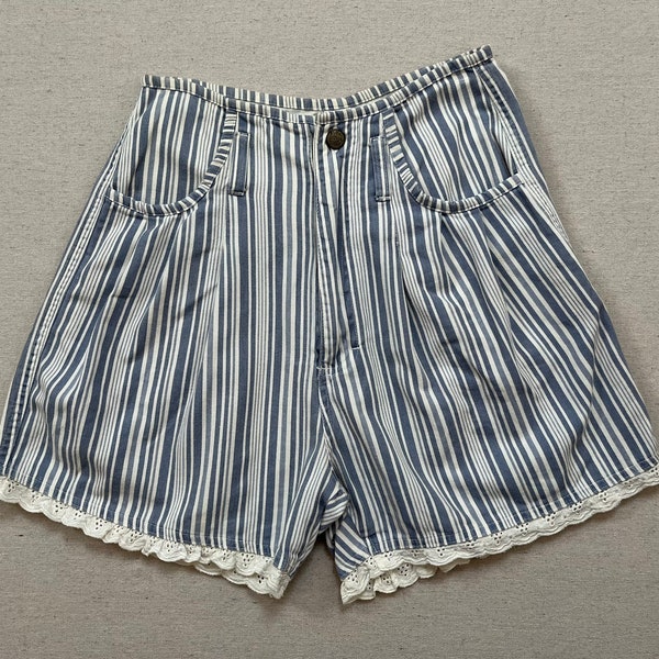 1990's, cotton, high waist pleated front, eyelet trim shorts in blue and white stripes