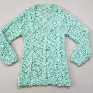 1980, super nubby, oversized, V-Ausschnitt, Tunika Pullover in aqua