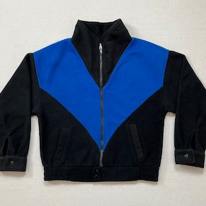 1980&#39;s, zip front, fleece  jacket in black with blue by International Male