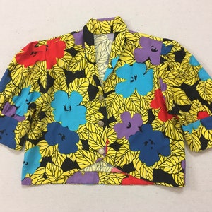 1990's, puffy shoulder, cropped jacket and dropped yoke, mini-skirt set, in colorful, African, floral print image 2