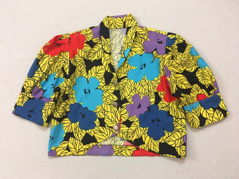 1990's, puffy shoulder, cropped jacket and dropped yoke, mini-skirt set, in colorful, African, floral print image 2