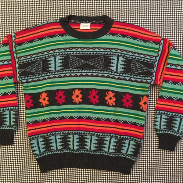 1990's, wool, sweater, in colorful floral and tribal design, by United Colors of Benetton, Women's size Medium/Large