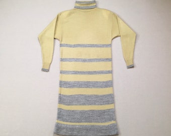 1980's, turtleneck sweater dress, in pale yellow with gray stripes