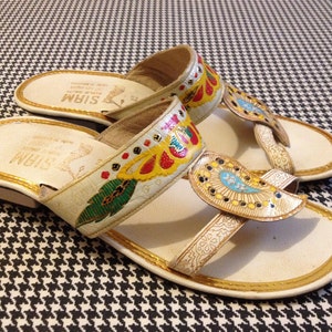 Asian style, white, leather, sandals, with yellow, red, green, blue and gold, designs, by Siam, Women&#39;s US size 7