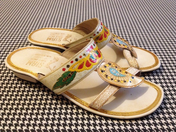 Asian Style, White, Leather, Sandals, With Yellow, Red, Green