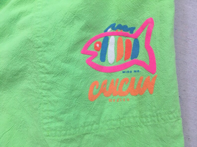 1990's, cotton, Cancun shorts, in neon green with neon pink, orange and blue image 2