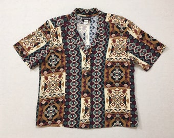 1980's, rayon, button up, collar shirt, in earthy, Southwest print