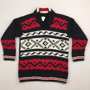1990&#39;s, wool, chunk knit, shawl collar, tunic sweater, in black with ruby and white designs