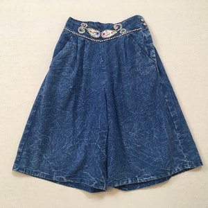 1980&#39;s. soft cotton, denim style, pleated front, shorts, with silver studded, colorful jeweled, paisley decoration and trim