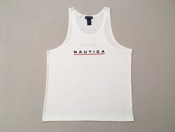 1990's, cotton, NAUTICA tank in white with navy a… - image 1