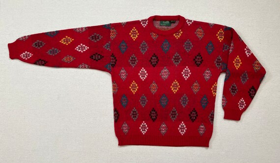 1980's, wool blend, sweater in ruby red with blac… - image 8