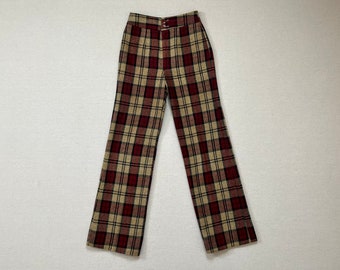 1970's, wool, high waist, bootcut pants in beige, burgundy and black plaid