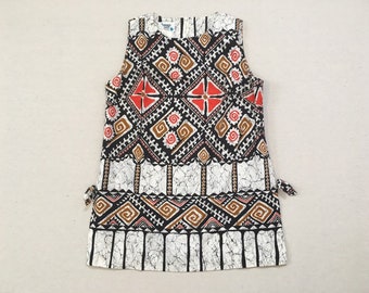 1970's, sleeveless, Hawaiian batik, tunic top, in black and white, with red and brown, by Pacific Isle