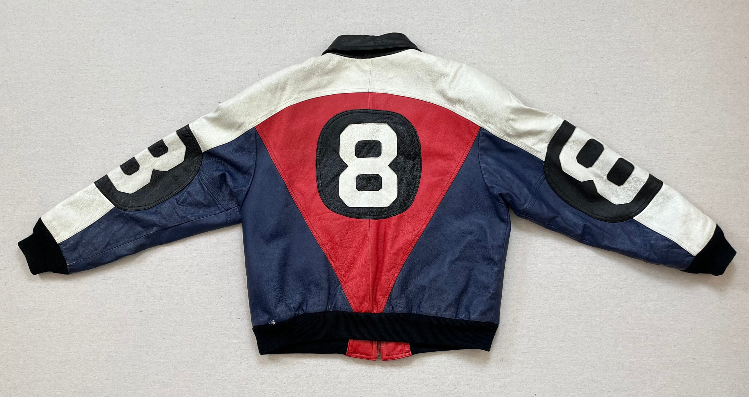 1990's, Leather, 8-ball Jacket in Blue, Red, White and Black 1990's, Leather, 8-ball Jacket in Blue, Red, White and Black