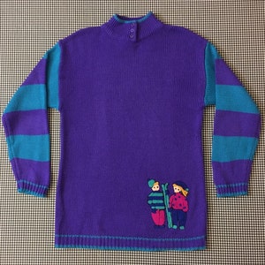 1980, patch, Stehkragen, Tunika Pullover in lila und Turuoise mit Chenille, Ski-jungen und Mädchen, Frauen Größe Medium/Large