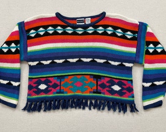 1990's, cropped sweater with fringe, in colorful, Southwest design