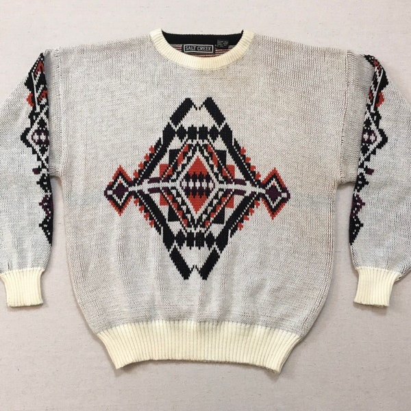 1970's, sweater, in off white, with black, brown and orange, Southwest design