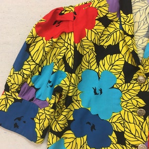 1990's, puffy shoulder, cropped jacket and dropped yoke, mini-skirt set, in colorful, African, floral print image 3