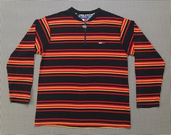 1990's, zip neck, long sleeve tee, in black, with red and yellow stripes, by Tommy Hilfiger, Men's size Large