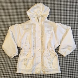 1980&#39;s, hooded, cinched waist, windbreaker, in white with sparkle trim, Girls&#39; size 16, Women&#39;s size Small