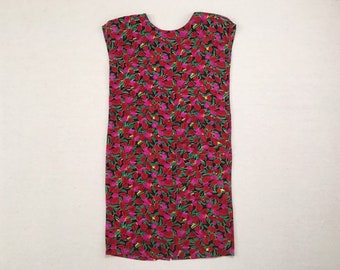 1980's, button back, cap sleeve, rayon, sack dress, in black, red, pink, green, yellow and orange, floral print