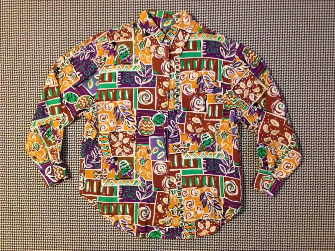 1980's Button up Collar Shirt in Brown Purple Green - Etsy