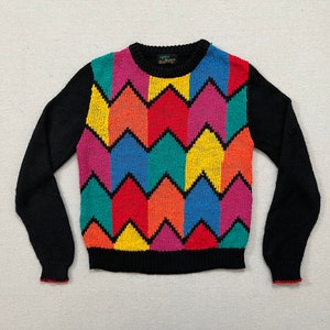 1980&#39;s, sweater in black with nubby, colorful, zig zag design